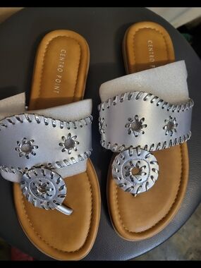 Women's Silver Toe-Post Slide Sandals